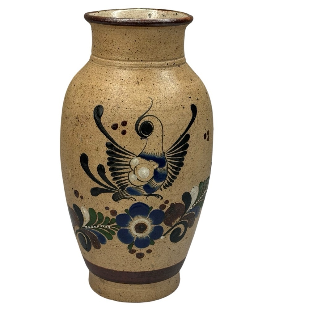 Vintage Mexican Tanola Vase Bird & Flower Hand Painted Pottery Vase Signed